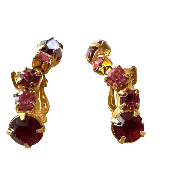 Vintage Gold-Tone Clip-On Earrings With Red & Pink Rhinestones - Picture 7 of 9